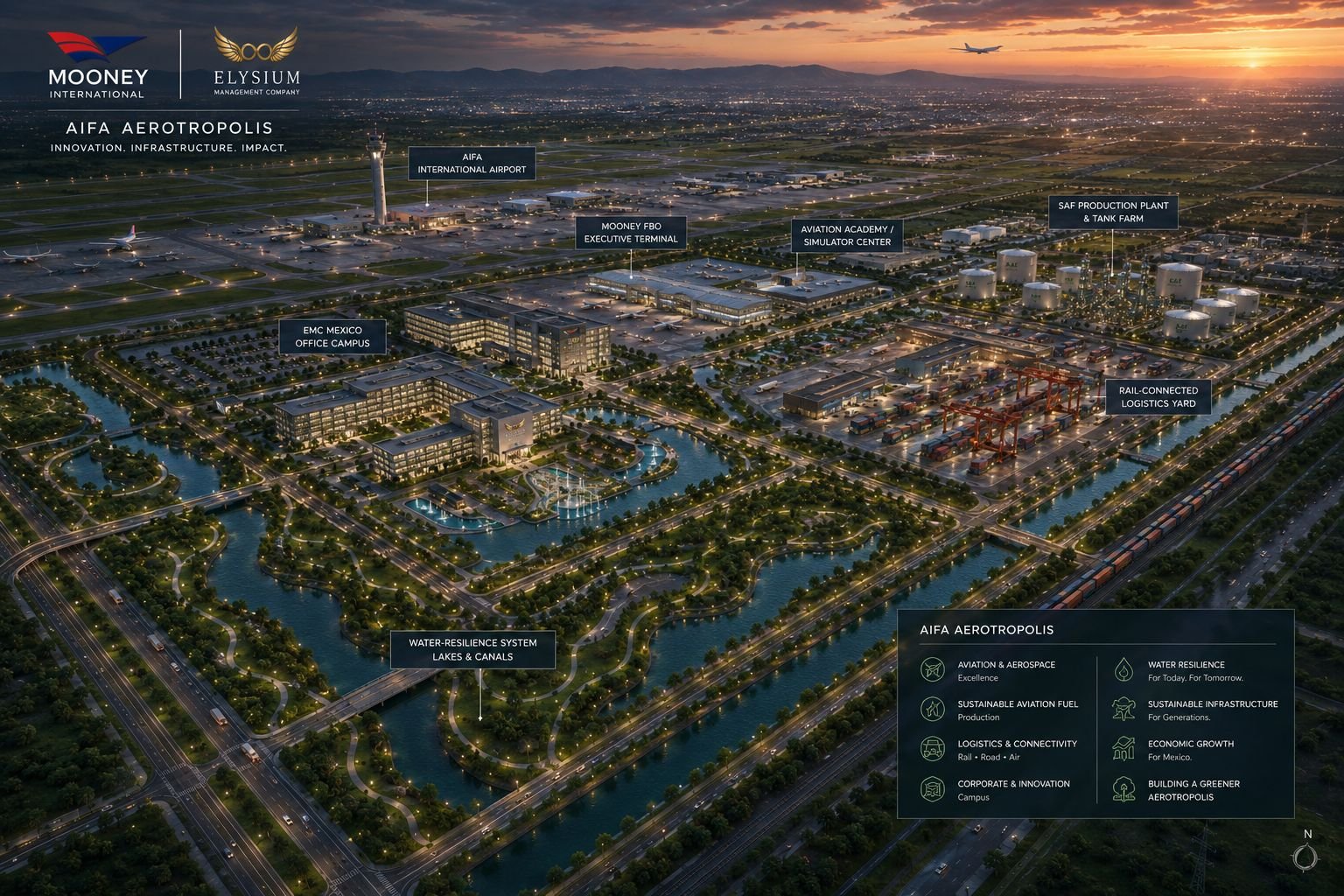 Mooney-Elysium AIFA Aerotropolis masterplan layered campus zoning conceptual vision map