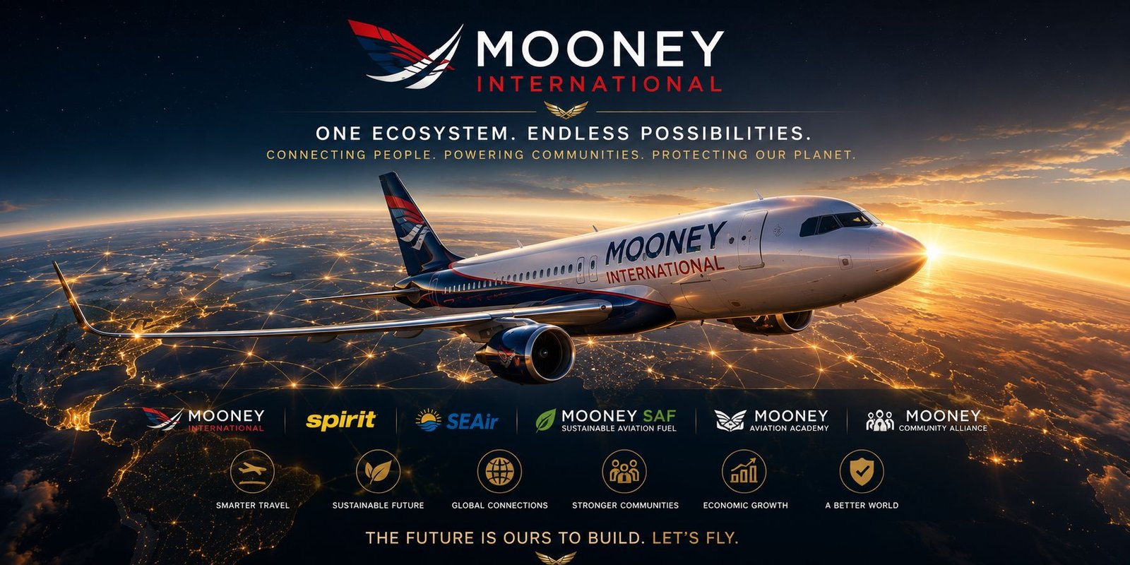 Cinematic panoramic view illustrating Mooney Alliance integrated global travel and network technology